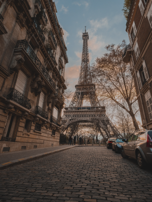 Imagem da Torre Eiffel, uma torre triangular feita de metal que está centralizada em uma famosa praça da França, vista de uma rua que o leva em direção a ela.